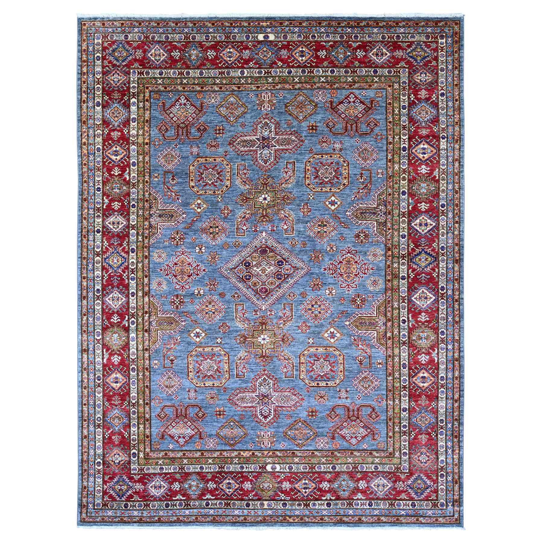 Stone Blue, Afghan Super Kazak with Geometric Medallions Design, Hand Knotted, Soft and Shiny Wool, Vegetable Dyes, Oriental Rug